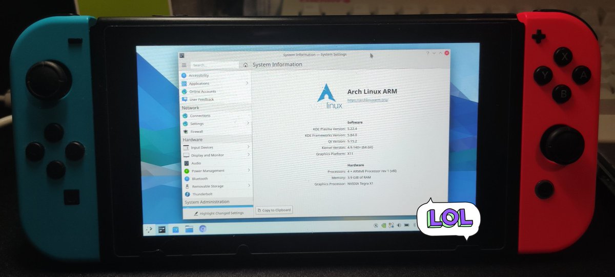 IIInoki's tweet photo. ่ฝ็ถ Steam Deck ่ฟๆชๅๅฎ๏ผไฝๆๅทฒ็ปๆไบ Arch Linux+KDE Plasma ็ Switch Deck๐
#l4t #switchroot #KDE https://t.co/yamMBrOJIQ