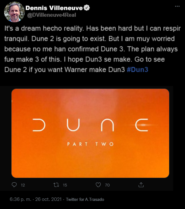 andres_trasado's tweet photo. Dennis Villeneuve ha hablado sobre la confirmación de la segunda parte de #Dune https://t.co/3J0wAAG527