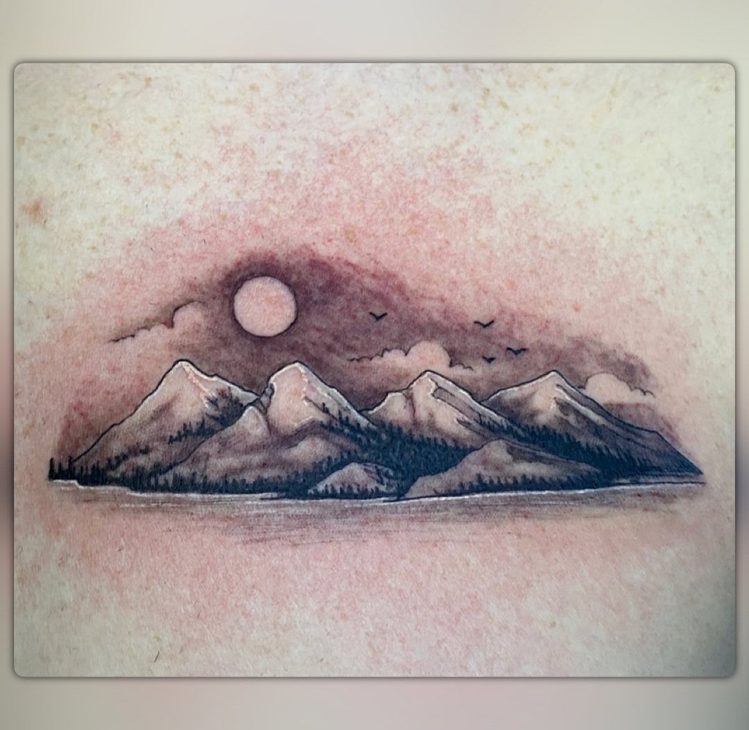 Tattoo uploaded by Jordyn Grine Tattoo • Freehand watercolor moutnain scene  #freehand #mountain #tattoo #watercolor • Tattoodo