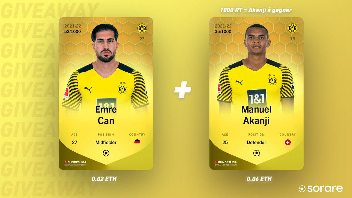 FuzzioAR's tweet photo. Concours @SorareHQ 🎁

Afin de fêter les 8000 abonnés,  je vous offre l'opportunité de gagner une carte Limited de Emre Can 🐐

Et si vous dépassez les 1000 RT, un 2ème gagnant sera tiré au sort pour gagner celle de Akanji 👀

Conditions
➡️ Être abonné à @FuZZioAR
➡️ RT ce tweet https://t.co/Q5U7ugYOOh