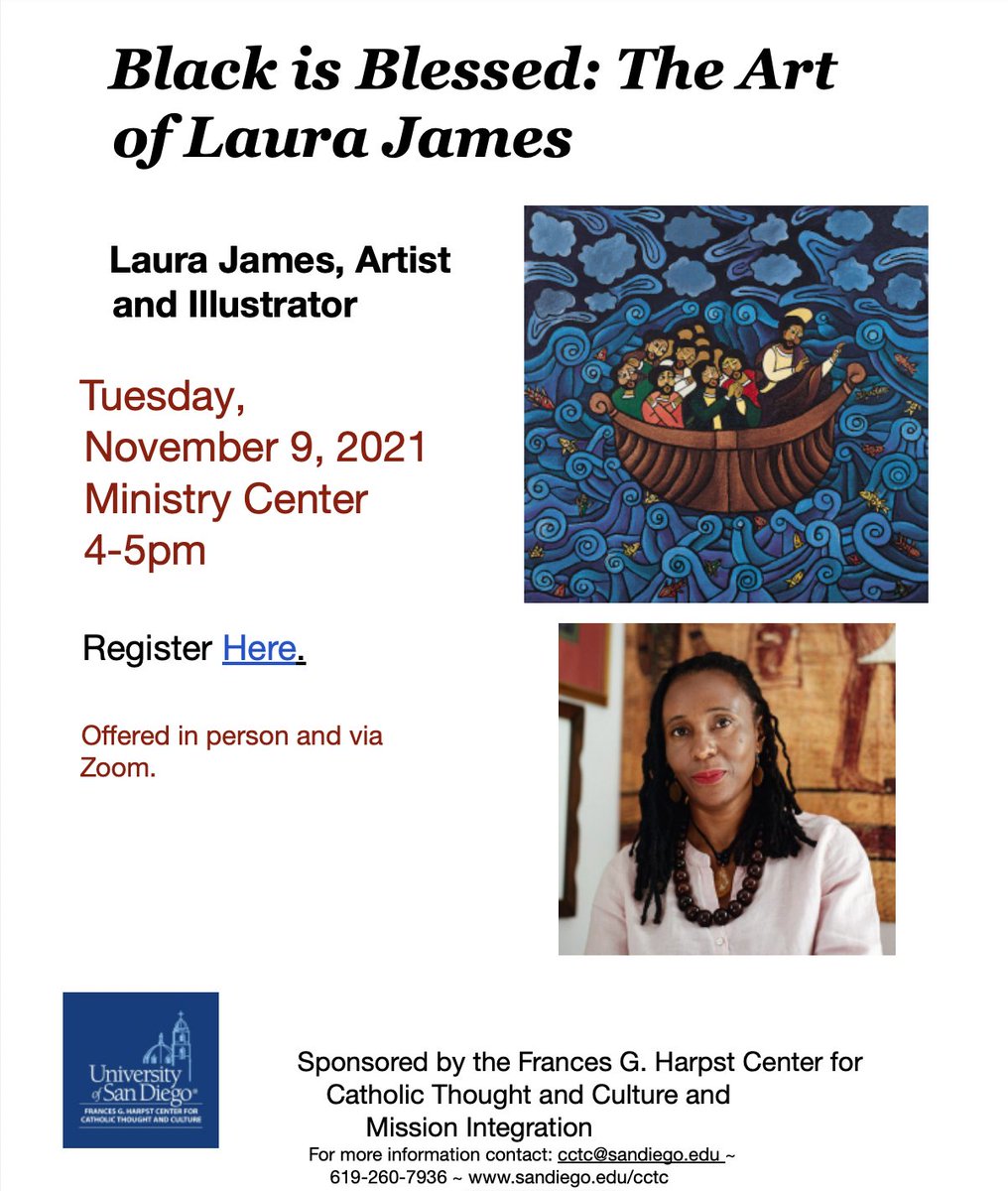 Please join us for Diversity Saint Lecture, Black is Blessed: The Art of Laura James, by Laura James, Artist and Illustrator. This event will be offered in person and via Zoom. Event is from 4-5pm in the Ministry Center, Founders Hall. Register here: docs.google.com/forms/d/e/1FAI…