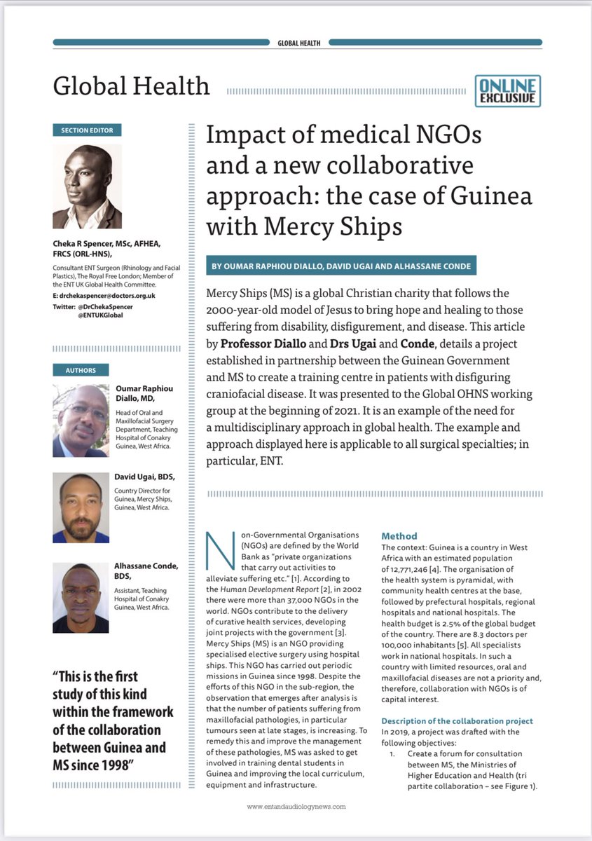 DrChekaSpencer's tweet photo. All in the latest @ENT_AudsNews @ENTANewsround ‘This is the first study of its kind outlining a collaboration between #guinea #Conakry hospital and @MercyShips’ #globalorl #globalent @ENT_UK @ENTUKGlobal #globalhealth #globalsurgery @FrancescaENTAN @RosaPinpoint @globalohns https://t.co/IaRSwqLN5W