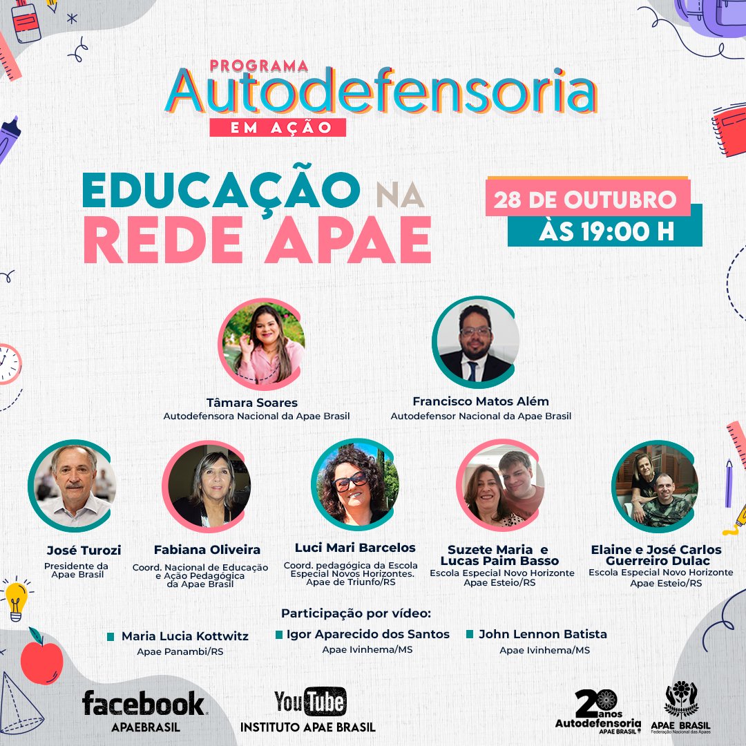 Fim do mês chegando e mais uma edição do programa #AutodefensoriaEmAção com Tâmara Soares e Francisco Matos Além! Nesta quinta (28), vamos falar sobre Educação na Rede #ApaeBrasil com convidados que compartilharão suas vivências e experiências com a educação inclusiva.