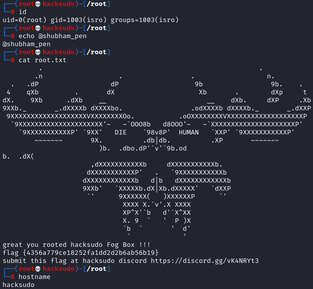 Shubham_pen's tweet photo. FOG, a reliable but basic lab from the #hacksudo series, is still available on @VulnHub. Excellent work, @vishalhwaghmare.
#bugbountytip #Linux #infosec #infosecurity #itsecurity #ransomware #Malware #Hackingtime #websecurity #cybersecurity #ctf #fog #CyberAttack #hacking https://t.co/aA9HQbkHJJ