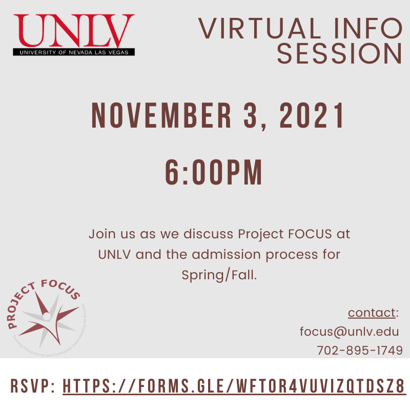 unlv_FOCUS's tweet photo. Join us for an upcoming info session for Project FOCUS! This session is welcome to all who are interested in learning more about Project FOCUS and how to apply. Feel free to share with anyone who may be interested! 🤗

RSVP here: https://t.co/D9gQaM5gVT https://t.co/FkRIMwa0Jy