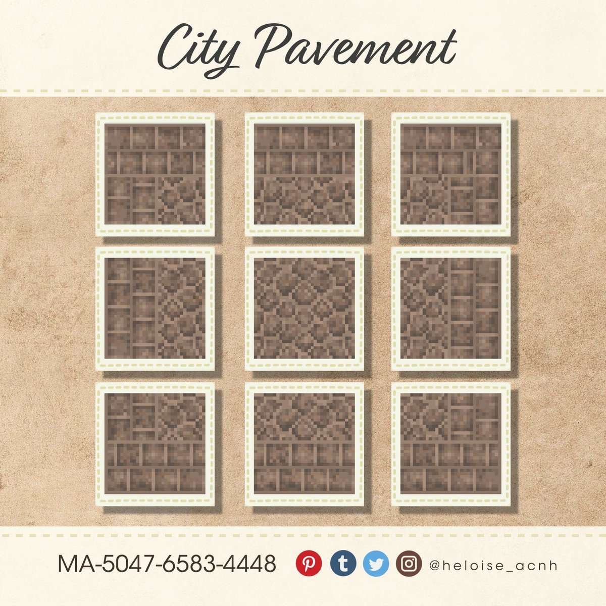 New pattern ! City pavement for your island.😊

#ACNHDesign #ACNH #ACNHDesigns #acnhcodes #ACNHpath #acnhpattern #ACNHcitycore #AnimalCrossing #AnimalCrossingNewHorizons #acnhnintendo #NintendoSwitch #acnhpavement #acnhcobblestone