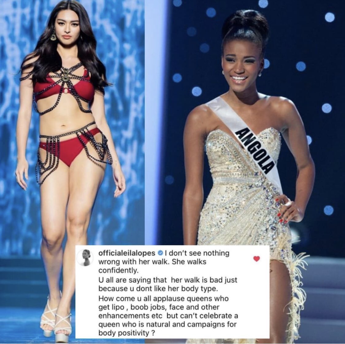 That’s cute pero no tiene nada que ver con su cuerpo 🙄 la pasarela es simplemente horrenda, punto. Ser #realsizebeauty no la excluye de faltas 🔥 

#MissUniverseThailand2021 #AnchileeScottKemmis #LeilaLopes