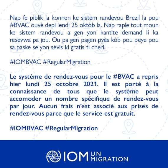 Tzencht's tweet image. Migrasyon-Brezil 26-10-2021
OIM-Haiti fè piblik la konnen ke sistèm randevou Brezil la pou BVA ouvè depi lendi 25 oktòb la. Sistèm nan gen yon kantite li ka resevwa pa jou, pi ga w bay raketè manje kòb w, paske se yon sèvis gratis.
#iombvac #regularMigration #brasil #haiti