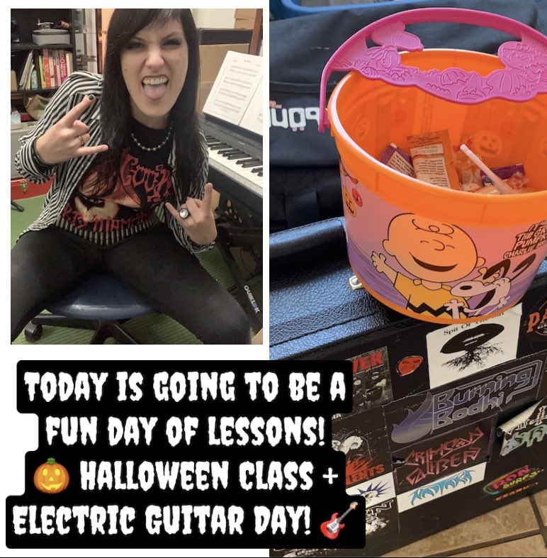 6StringedStudio's tweet image. A few of my young students wanted me to dress up as a Rockstar for Halloween Lesson week so I’m in my stage clothes for work! I thought I would bring my @officialjacksonguitars too since some of the kids haven’t had an electric guitar day yet, so why not?!