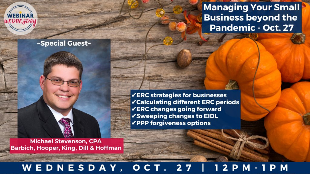 CSUBSBDC's tweet photo. Join SBDC director Kelly Bearden & CPA Michael Stevenson with the accounting firm Barbich, Hooper, King, and Dill & Hoffman for our FREE webinar Wednesday, Oct. 27, 12-1 p.m. https://t.co/AOechFCIyO
#CsubSbdc #ertc2021 #erc2021 #employeeretentioncredit
#sba #smallbusiness https://t.co/lA7dmd4Grc