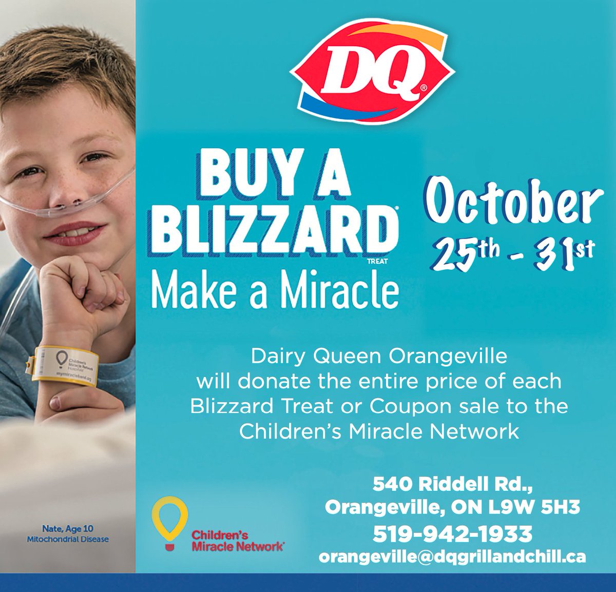 Miracle Treat Week is here. All Blizzards sold from October 25 - 31, DQ Orangeville will donate the entire price to Sick Kids Hospital!