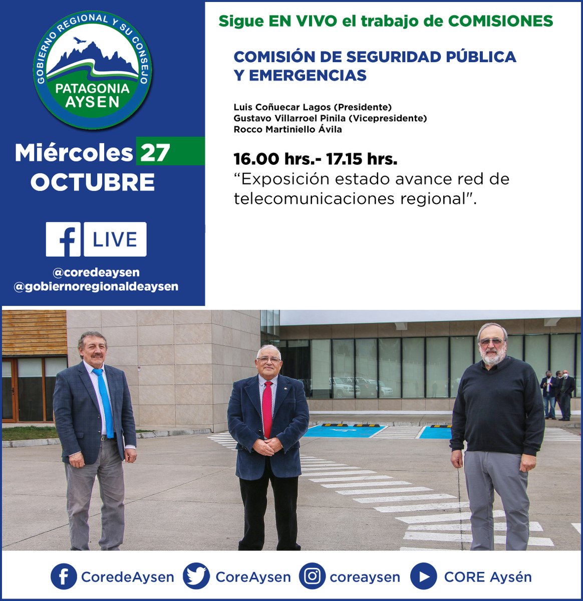 🔴 TODAS Y TODOS invitados a seguir en VIVO por Facebook Live y YouTube Live el trabajo de comisiones del Gobierno Regional de Aysén y su Consejo
👉Los esperamos!!!