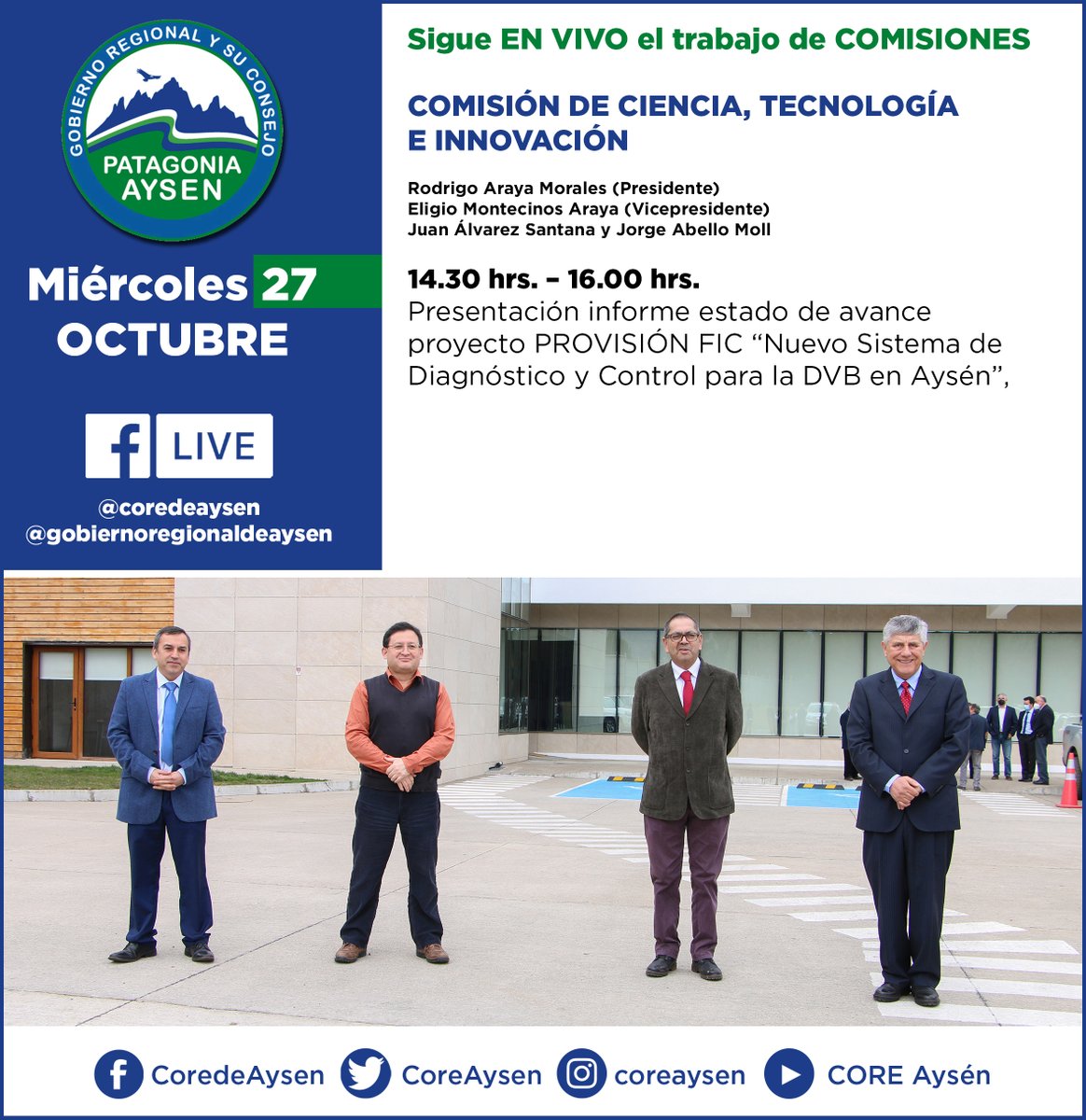 CoreAysen's tweet photo. 🔴 TODAS Y TODOS invitados a seguir en VIVO por Facebook Live y YouTube Live el trabajo de comisiones del Gobierno Regional de Aysén y su Consejo
👉Los esperamos!!! https://t.co/0d3hIJfuLQ