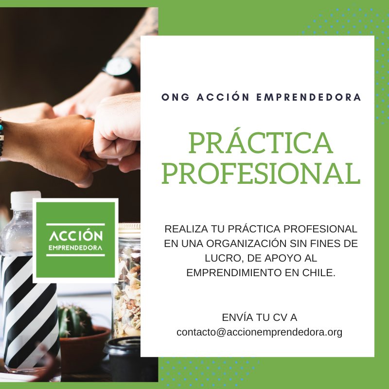 Queremos invitarte a realizar tu práctica profesional en nuestra ONG dedicada a promover el emprendimiento

Estarás compartiendo con nosotros en en un gran ambiente

Si te interesa enviar tu  CV al correo: contacto@accionemprendedora.org