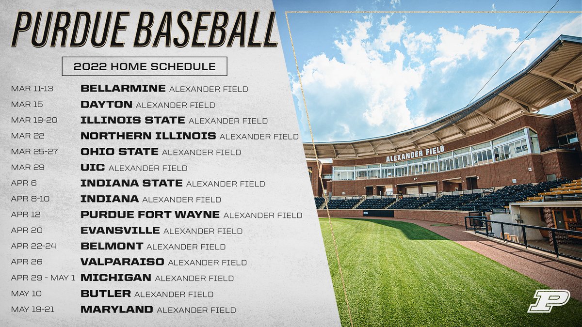 PurdueBaseball's tweet photo. Twice as many home dates on the schedule this spring than were able to play the last 2 seasons, 𝘾𝙤𝙢𝙗𝙞𝙣𝙚𝙙. #BoilerUp 

⚾️ 7-Game Homestand in March
⚾️ 8-Game Homestand in April
⚾️ We play 20 of 28 at Alexander from March 19-May 1
📰 https://t.co/vejNzEZbCa https://t.co/bt5vMsZGrE