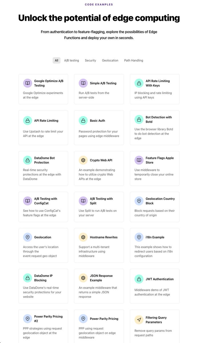 swyx's tweet photo. My god look at the absolute mountain of code examples that the @vercel team put together for their Edge Functions launch: https://t.co/rt5fdrYf1y

This is how to launch: Don't make me think! 

Well done @leeerob and co https://t.co/rnTfbusJl9