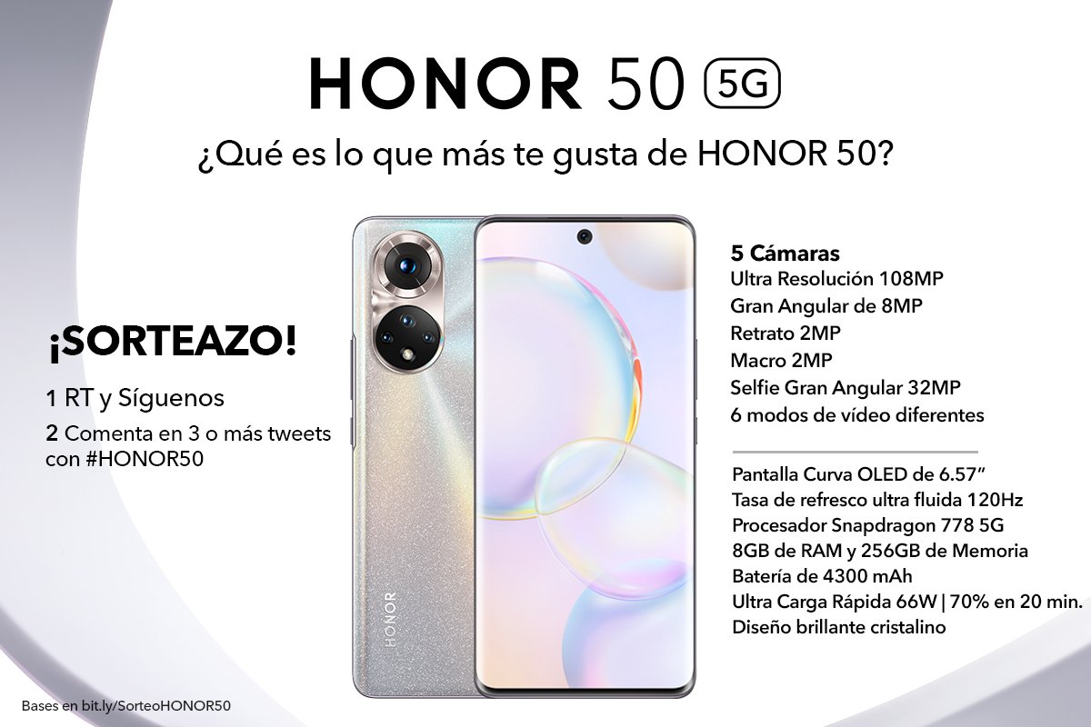 Honor_ES's tweet photo. 🎁 ＳＯＲＴＥＯ 🎁 #HONOR50 
 
¿Qué características te gustan más del nuevo HONOR 50? 

1️⃣RT y Síguenos 
2️⃣Coméntalas en 3 o más tweets con #HONOR50 

+ Tweets + Posibilidades
👇En juego, un HONOR 50🤯 https://t.co/zroc6n093v
