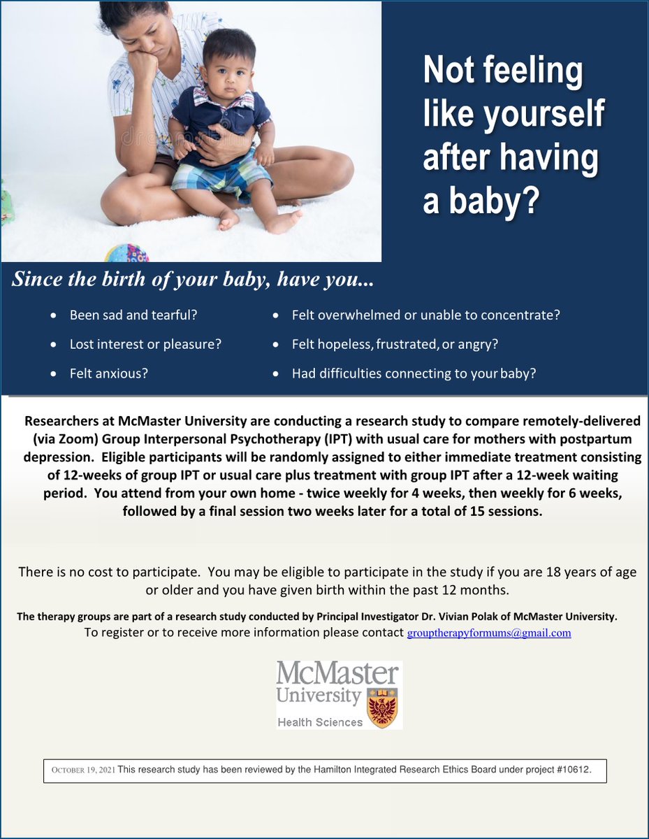 The next IPT group for Mums with Postpartum Depression starts NOV 26! Please share widely in rural Ontario. Mums can self-refer at GroupTherapyforMums@gmail.com for more info or to register. #maternalMHmatters #postpartum #depression <a href="/CMHAOntario/">CMHA Ontario</a> <a href="/CMHA_EM/">CMHA Elgin-Middlesex</a> <a href="/CMHAWW/">CMHA WW</a> <a href="/CMHAYork/">CMHA York Region & South Simcoe</a>