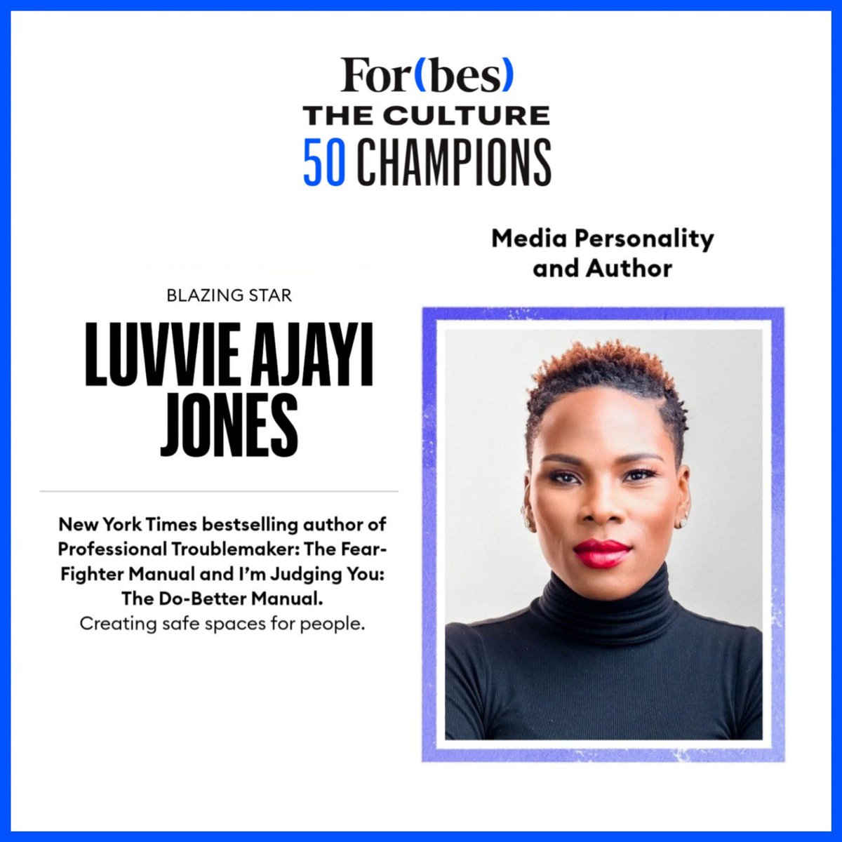 I’m on a FORBES LIST!!!🙌🏾

I’m geeked to be selected to the 2021 @ForbesTheCultur 50 Champions list! The work we do ain’t for the accolades, but sometimes, they come and you got no choice but to be HYPE‼️

To be SEEN is to be affirmed and I’m feeling that.

#ForbesTheCulture