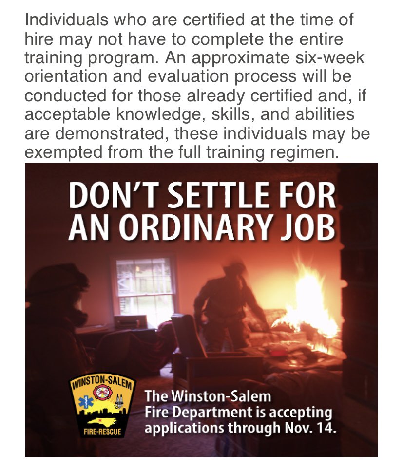 cityofwsfire's tweet photo. Do you have Fire certifications? You may be eligible for some exemptions from the full training regimen. No jobs available only careers! Apply now https://t.co/O2YgwXUAYi #WSFire .107 https://t.co/jtqBWDtyKv