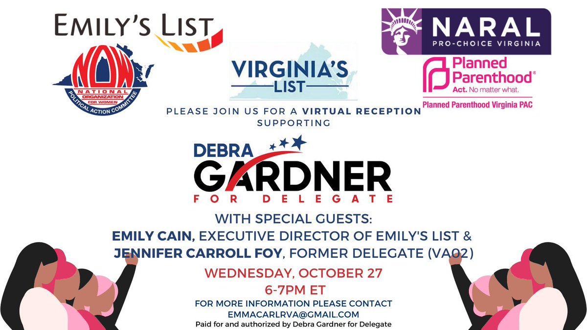 Sen. Jennifer Carroll Foy (@jcarrollfoy) on Twitter photo 📣 Please join me, <a href="/emilyanncain/">Emily Cain</a> @NARALVirginia <a href="/PPact/">Planned Parenthood Action</a> <a href="/valistwomen/">Virginia's List</a> & <a href="/NationalNOW/">nationalnow</a> to support <a href="/Debra4Delegate/">Debra Gardner for Delegate</a>. Her extensive public service experience, proven leadership skills, and strong work ethic mean that she’s going to get things done for the 27th District. 📣 Please join me, <a href="/emilyanncain/">Emily Cain</a> @NARALVirginia <a href="/PPact/">Planned Parenthood Action</a> <a href="/valistwomen/">Virginia's List</a> & <a href="/NationalNOW/">nationalnow</a> to support <a href="/Debra4Delegate/">Debra Gardner for Delegate</a>. Her extensive public service experience, proven leadership skills, and strong work ethic mean that she’s going to get things done for the 27th District.