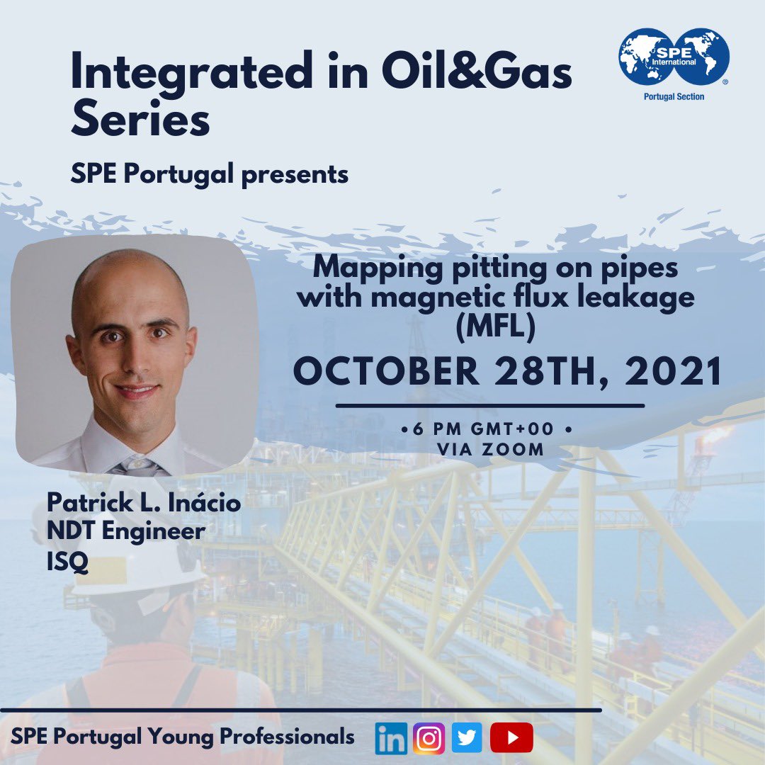 This Thursday October 28th we have the pleasure of receiving Patrick L. Inácio from ISQ to talk about Mapping pitting on pipes with magnetic flux leakage.

We apologize for the short notice and hope that you can join us!

Subscribe now: forms.office.com/r/vM23HGayYK
