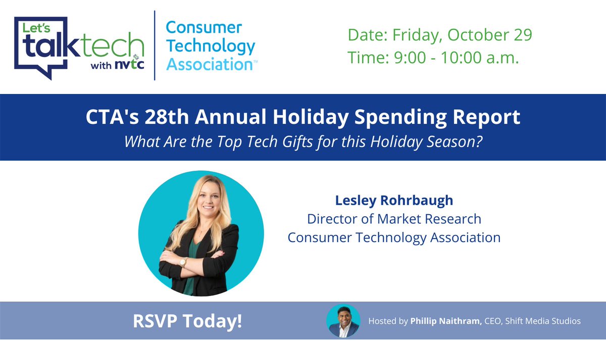 NoVATechCouncil's tweet photo. Are you wondering what the top five "Tech Gifts" are for this holiday season? Watch Let's TalkTech with NVTC this FRIDAY to find out. @LesleyRohrbaugh, @CTATech will share findings from CTA's 28th annual holiday spending report.  10/29 at 9am. RSVP: https://t.co/ZQzXMsSSue https://t.co/xTm3iDnG1A