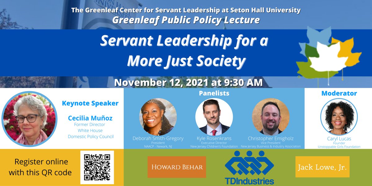 greenleafcenter's tweet photo. The Greenleaf Center is excited to be hosting our first annual Greenleaf Public Policy lecture on November 12th!

Join keynote speaker Cecilia Muñoz, plus a panel of guest speakers on Zoom at 9:30-11:30am EST.

Don’t miss out! Use the link to sign up.
https://t.co/6VXvs9rS0j https://t.co/HNxqUfXyqD