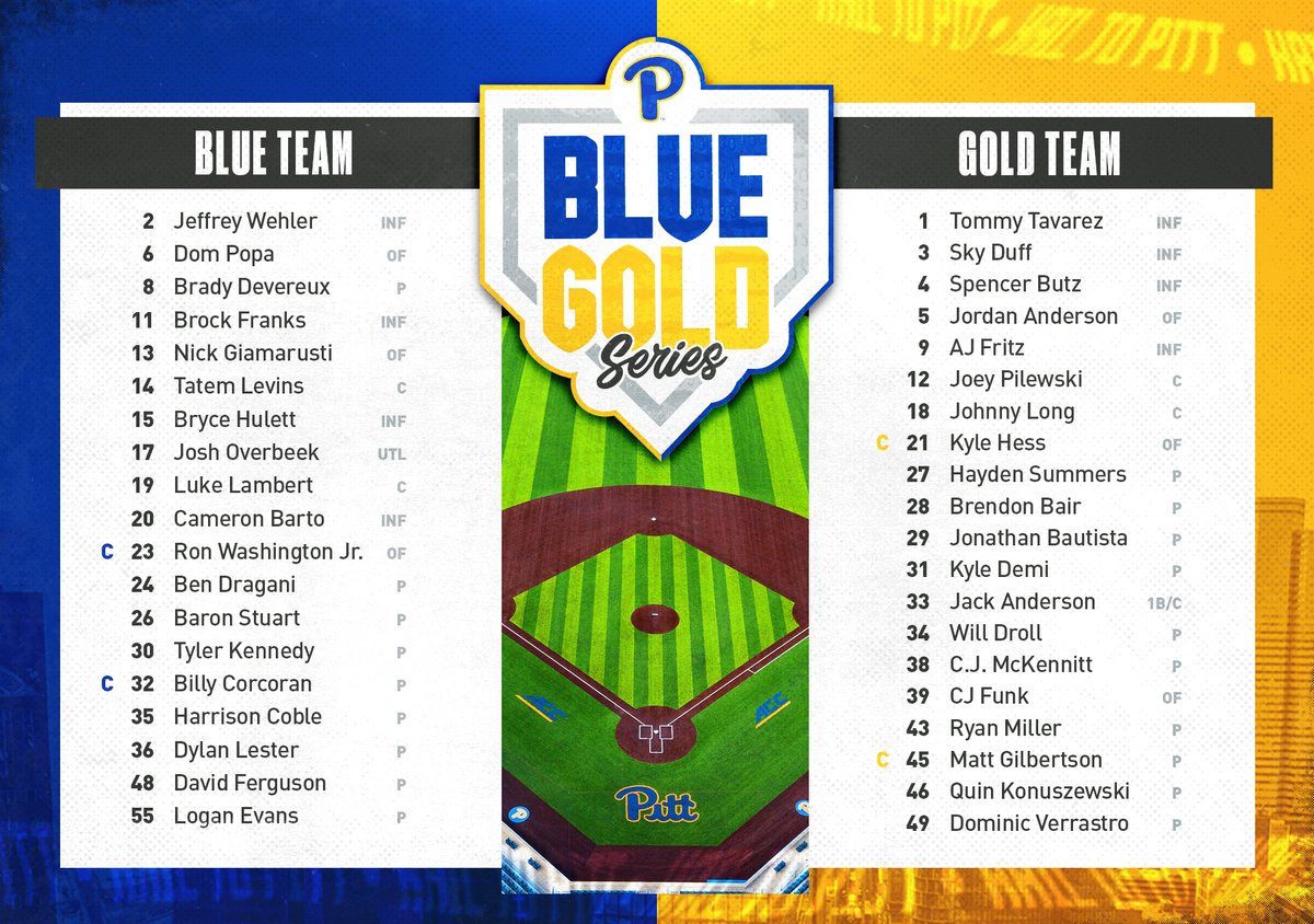 Pitt_BASE's tweet photo. The annual 𝗕𝗹𝘂𝗲-𝗚𝗼𝗹𝗱 𝗦𝗲𝗿𝗶𝗲𝘀 🔵🟡 ends our fall season! We'll square off against each other in the next three days.

⚾ Tentative 2:15 PM first pitches
⚾ 8 innings each game
⚾ Running score total determines the winner

Who yinz got?

#H2P https://t.co/ceAyhNRL6s