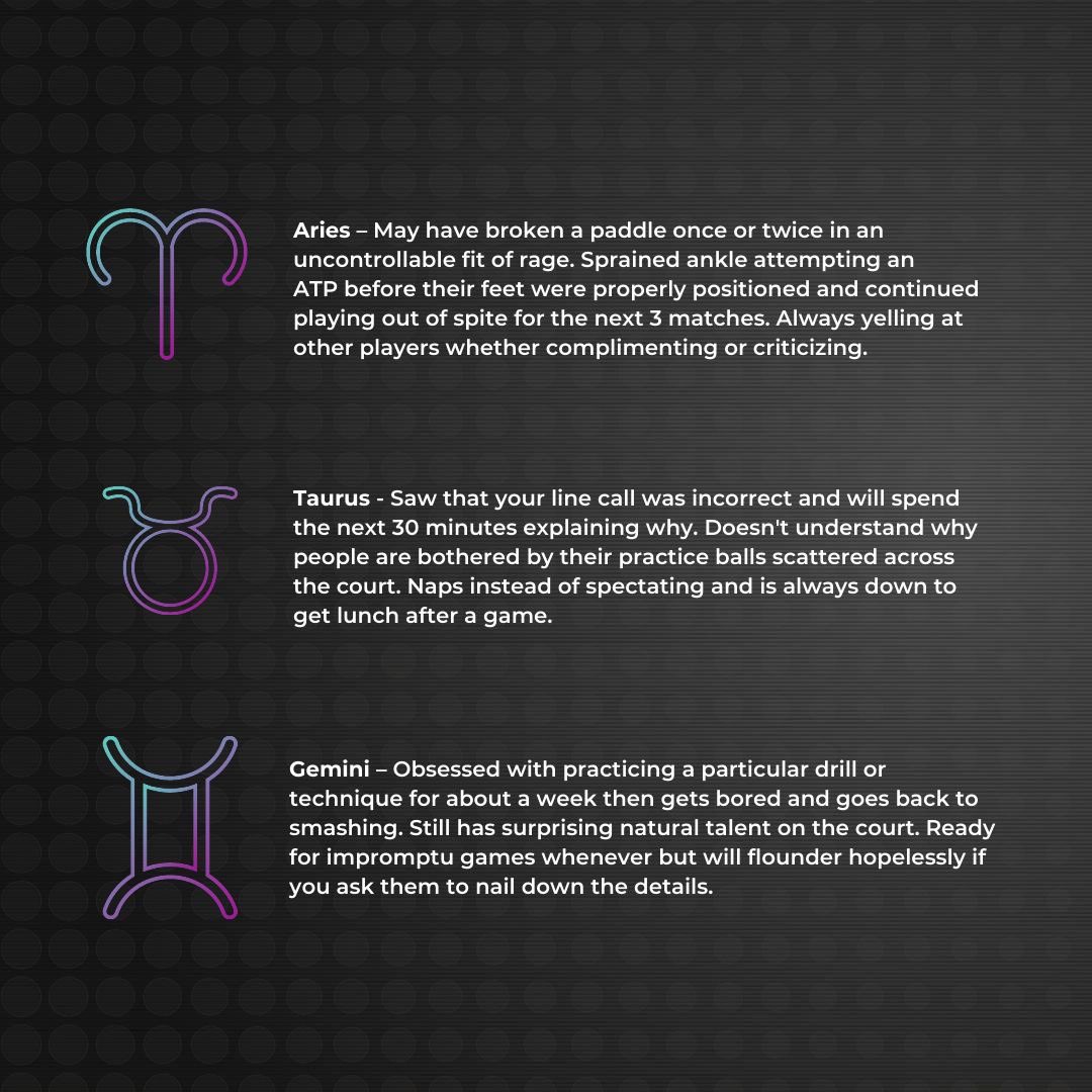 PickleballCentr's tweet photo. Do you identify with your #pickleball star sign? 💫 https://t.co/IRIS23pEL1