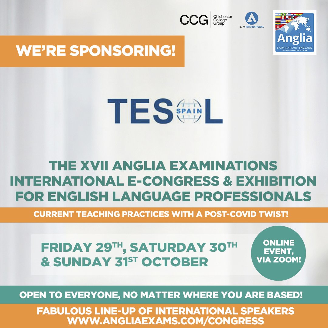 AngliaSpain's tweet photo. ยกTesol orgullosamente patrocina este Congreso para Profesionales de la Lengua Inglesa! ๐๐๐
#angliaexams #betterwithanglia #ConAngliaEsMejor #angliacongress https://t.co/LAdyURNMJ4