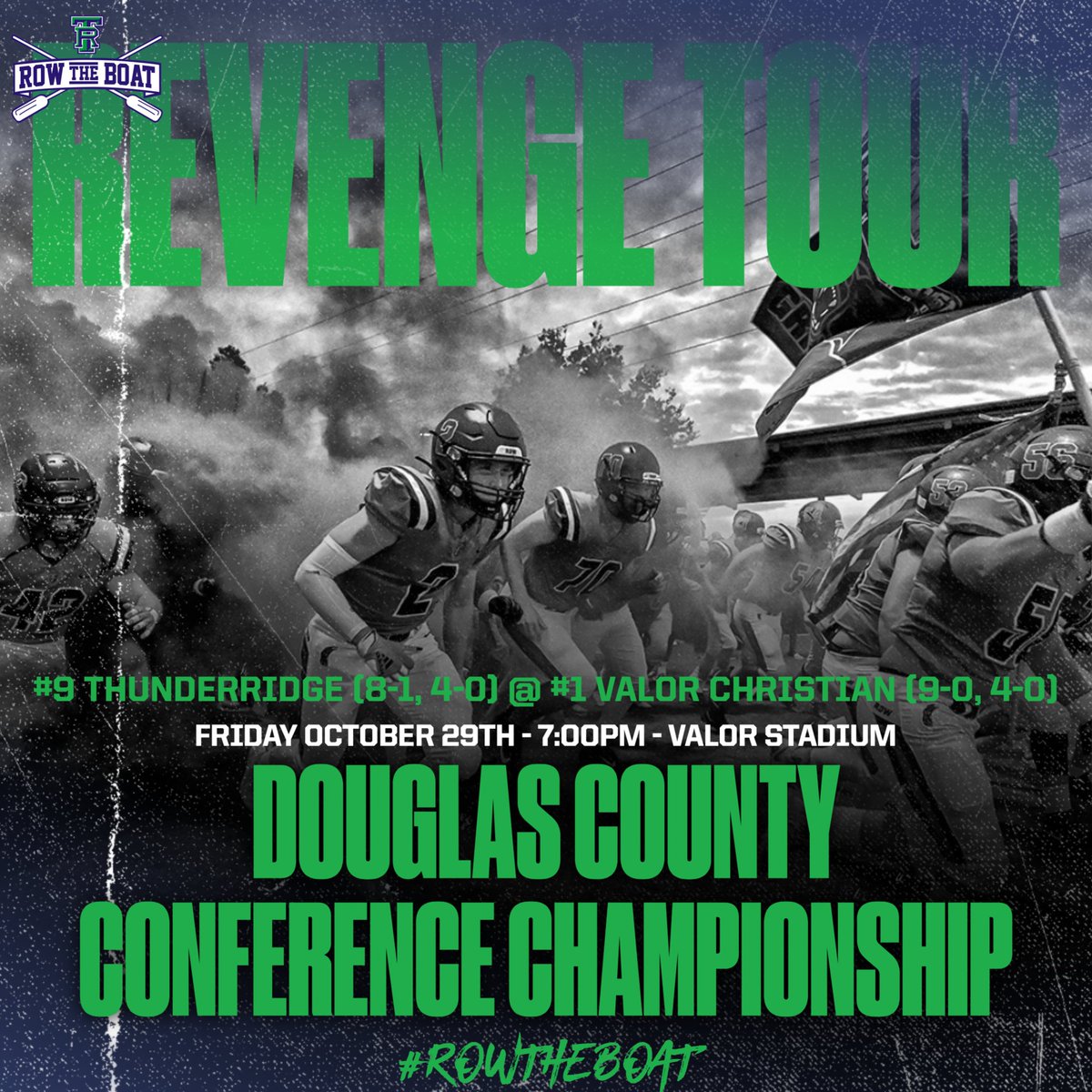 HUGE game this Friday for the Conference Title.  Tickets can only be purchased online through the valor athletics website.  We need #GrizzlyNation there in force!  Get your ticket and come support #TRFootball in our final regular season game. Oars in! #RowTheBoat #RevengeTour