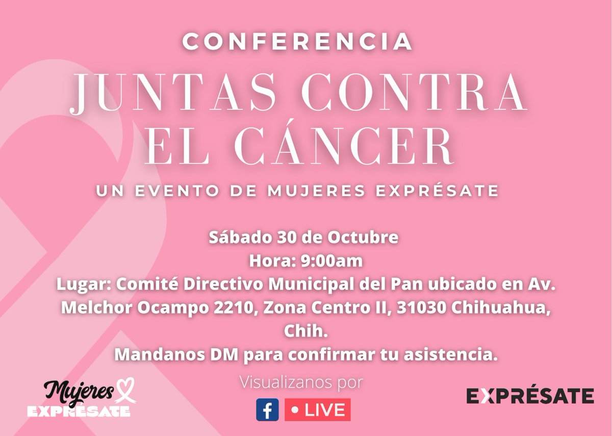 ExpresateCuu's tweet photo. Acompáñanos a la conferencia "Juntas Contra el Cáncer" donde podremos escuchar dos pláticas por parte de Ana María Negrete y Sarahí Franklyn con temas enfocados al empoderamiento de las mujeres 
¡No te lo puedes perder!
Comunícate con nosotros para confirmar asistencia. https://t.co/VKLd52k602