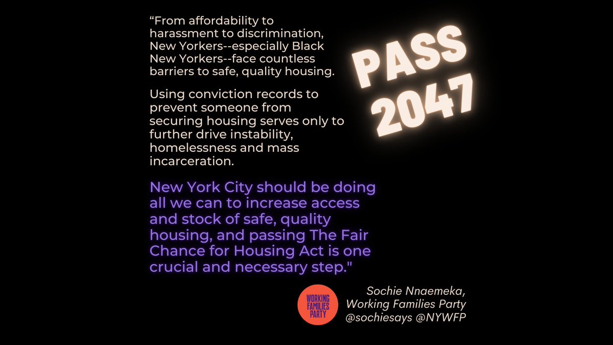 NYWFP's tweet photo. "Using conviction records to prevent someone from securing housing serves only to further drive instability, homelessness, and mass incarceration." - @sochiesays 

We urge City Council to pass the Fair Chance for Housing Act. #PassIntro2047 https://t.co/YSjtqR3TY6