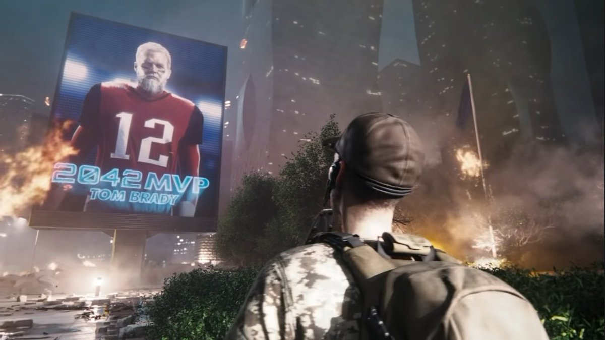 BattlefieldFax's tweet image. Few people noticed, but both Tom Brady and Bill Belichick had a cameo in the new #Battlefield2042 trailer.