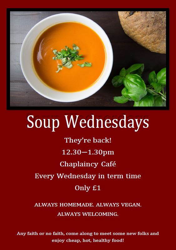 We're sooooooo excited to be back tomorrow with Soup Wednesdays!  Homemade soup, vegan and GF, with (not homemade, sorry) bread on the side. The food and the welcome are hearty and warming. Everyone welcome, just turn up! #WellbeingWednesday #RadicalHospitality