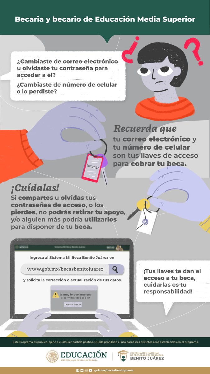 BecasBenito's tweet photo. Becaria y Becario de Educación #MediaSuperior 🦉

Tu correo electrónico y tu número de celular son tus llaves de acceso para cobrar tu beca.

¡Cuídalas!🔑

Ingresa al Sistema #MiBecaBenitoJuárez 📚 en https://t.co/BOhqsNigd6

Y solicita la corrección o actualización de tus datos. https://t.co/mD0x5gmGmZ