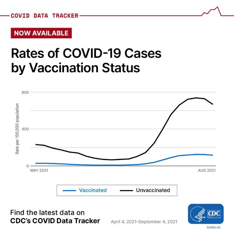 CDCgov's tweet photo. Unvaccinated adults were 6 times more likely to test positive for #COVID19 and 11 times more likely to die from it in August 2021, data on CDC’s COVID Data Tracker show. Get vaccinated today and help protect yourself and your loved ones. See the data: https://t.co/t8kVzc2ncd
