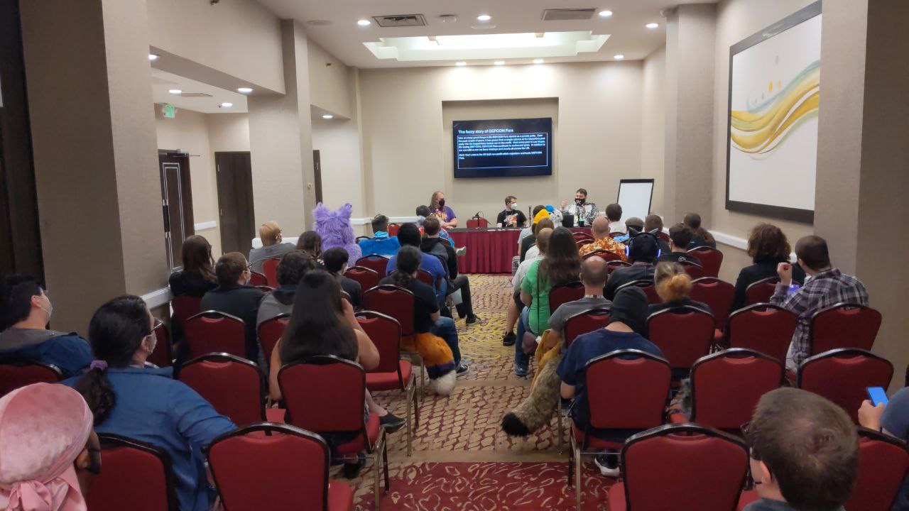 Photo from the back of the panel room during the DEFCON Furs panel at Biggest Little Fur Con