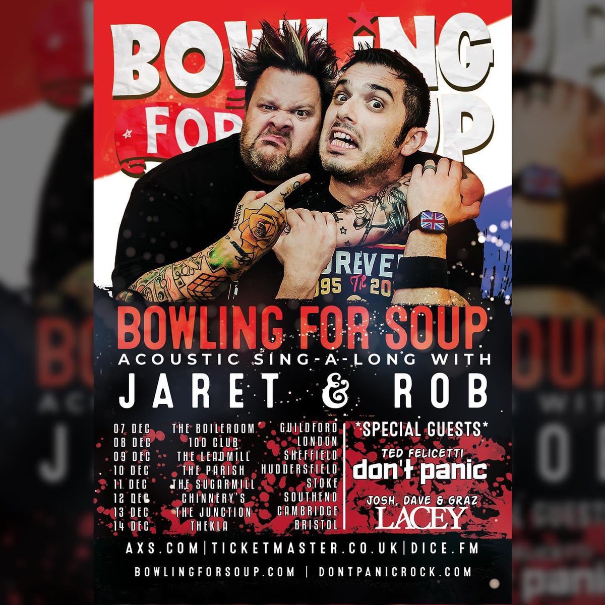 Graz_Lacey's tweet photo. ANNOUNCEMENT! Very happy to be joining the ever- handsome Bowling For Soup lads on their acoustic tour in December along with Ted of Don't Panic. It’s gonna get silly. Tickets are selling fast so grab them NOW. @bfsrocks @DontpanicPA @LaceyOfficialUK https://t.co/Ao4YZcNvby