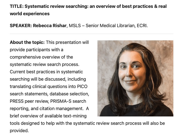 Drug_Evidence's tweet photo. This WEDS (Nov 24) noon Pacific:

TI Methods Speaker Series webinar

#SystematicReviews searching: an overview of best practices &amp; real world experiences

✅Speaker: Rebecca Rishar @ECRI_Org 
✅Register+info: https://t.co/Pe8VspRgPO

#ResearchMethods #SystematicSearching #MedLibs https://t.co/B4whMvoQJK