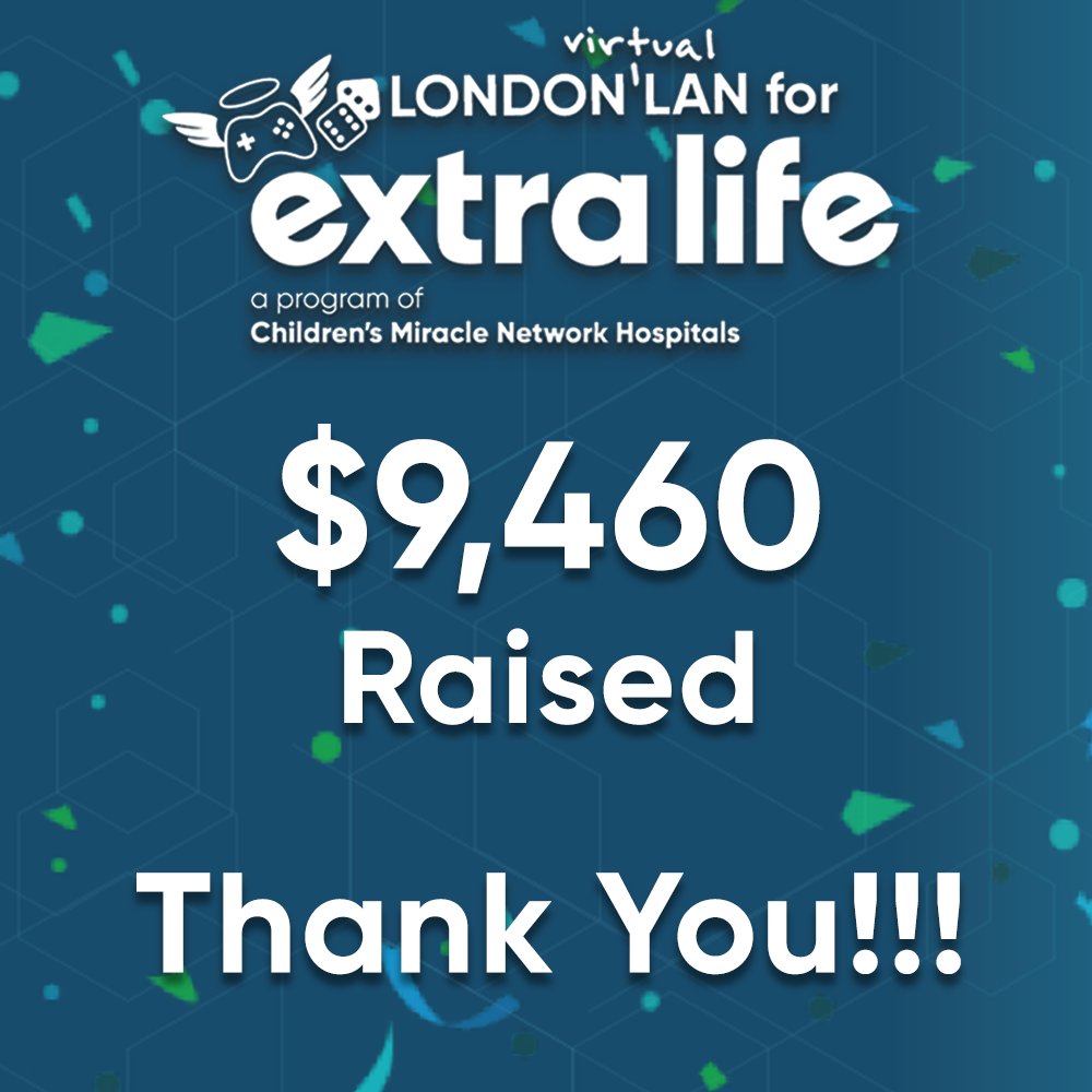 ExtraLifeLondon's tweet photo. With your support, the London LAN for #ExtraLife raised
$9,460 dollars in support of @CHFHope! 🎉

On behalf of the Extra Life London Guild...THANK YOU! ❤️

We still have some exciting plans for this year. The funs only getting started! 🕹

#ChangeKidsHealth #ldnont https://t.co/fju0OBmcHj