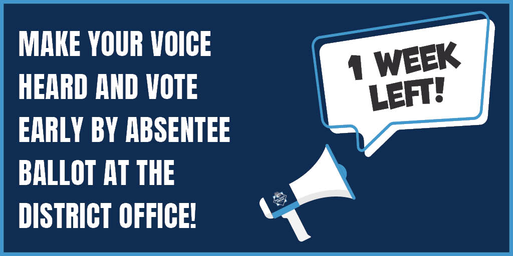 BeckerSchools's tweet photo. ONE WEEK AWAY! Make your voice heard and vote early at the District Office by absentee ballot through Monday, November 1!

Visit https://t.co/P1L5aaH9Gc to learn how you can make your vote matter! 📢📝 #BulldogsStrong https://t.co/FjDS4w9aDQ