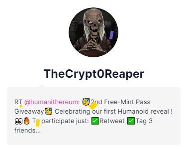 humanithereum's tweet photo. Congratulations @TheCrypt0Reaper !! You're the winner of this one ! 

Send us a message on general chat on discord for me to give you your role ! 
Reminding that I'll ask for the address you want the Free-mint pass to go to on a later date. https://t.co/lOH5pJcxhh