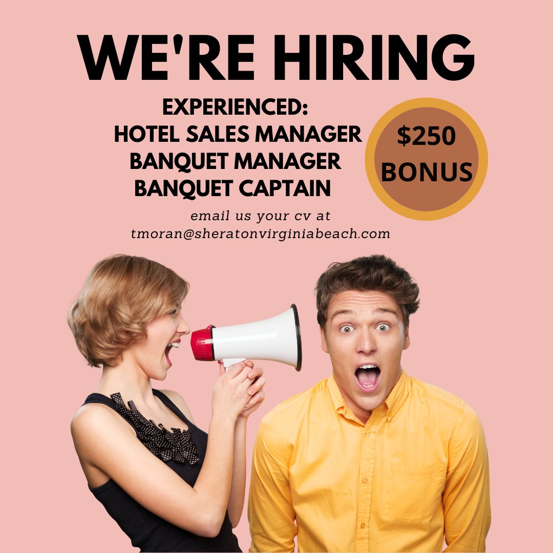 SheratonVBO's tweet image. Rounding out our Events Team is the Fall Focus!
Eagerly hiring for an experienced
Hotel Sales Manager, Banquet Manager  &amp;amp; Banquet Captain

#salesmanagerjobs #banquetmanager #banquetcaptain #banquet #events #sales #ShaminHotels #Marriott #Sheraton #manager
sher.at/6018JrLAC