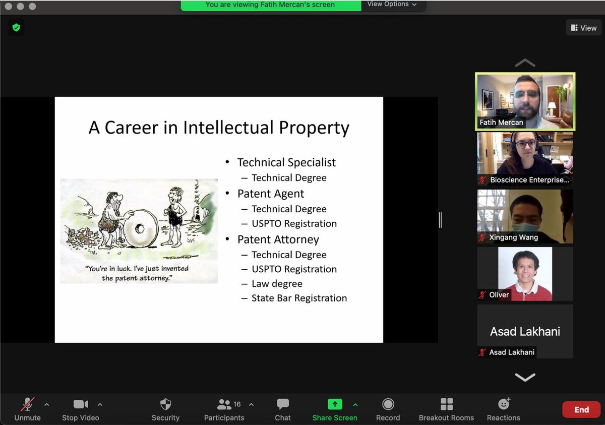 We were joined today by Dr. Fatih Mercan, who gave an excellent overview of patent law. We discussed key skills helpful for the transition from academia, as well as avenues for gaining experience. Thanks Fatih for a great talk, and for not counting it as billable hours!