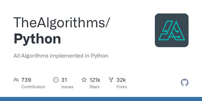 Repo of Basic python algorithms that would be learned in a University course. Plus more includng Project Euler solution, Machine learning,etc github.com/TheAlgorithms/… #100DaysOfCode #MachineLearning #Python #programming #IoT #flutter #javascript #womenwhocode #RStats #CodeNewbie