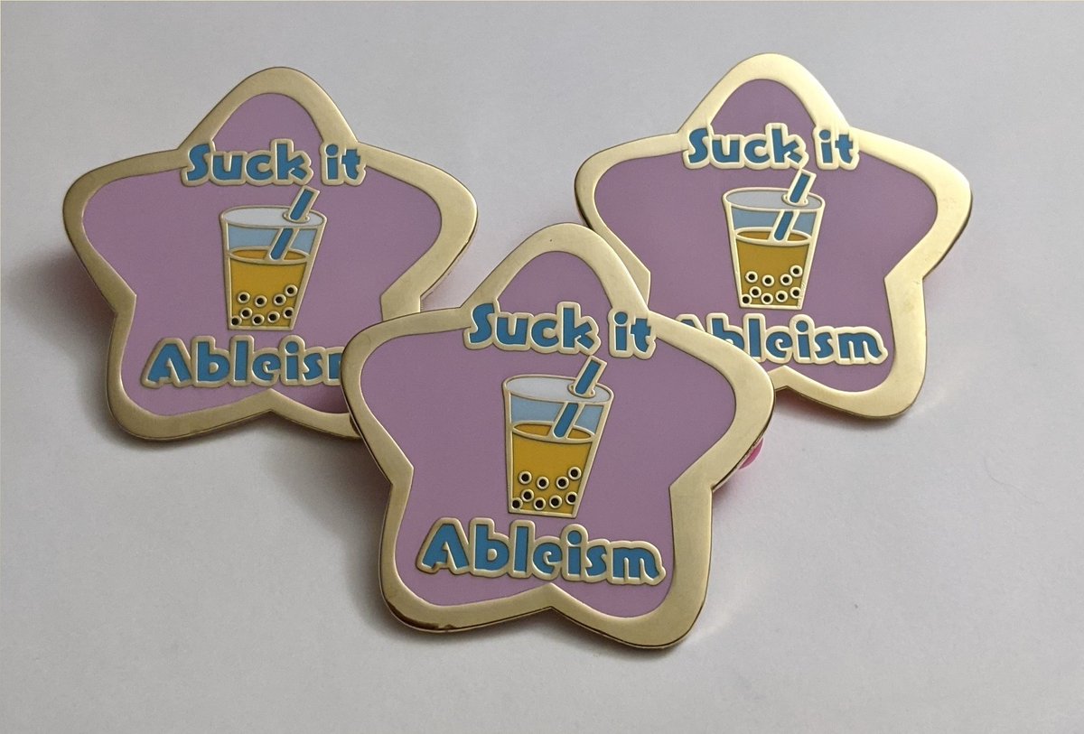 (RT please 💕)
⭐Suck It Ableism Pins⭐

The #SuckItAbleism Pins are gorgeous pins that make awesome gifts! They're 2' and easy to read. They're great for people that hate ableism or love bubble tea!

These were created in collaboration with @SFdirewolf! 💕

Store link below!