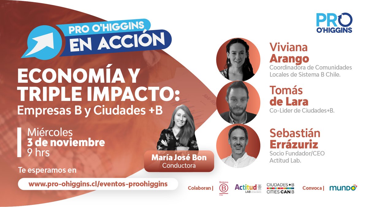 Mañana miércoles en #ProOHiggins en Acción conversaremos sobre Economía y Triple impacto: Empresas B y Ciudades +B.

No te lo pierdas!!!

A las 9 hrs por pro-ohiggins.cl/eventos-proohi…

<a href="/elrancaguino/">Diario El Rancagüino</a> <a href="/PulsoCl/">Diario El Pulso.cl</a> <a href="/INACAPINOS/">INACAP</a> <a href="/lacasa_cowork/">La Casa Cowork</a> <a href="/rancaguaeschile/">Luciernaga</a> <a href="/SEXTAVISIONTVI/">Sextavisión TV Rancagua</a>