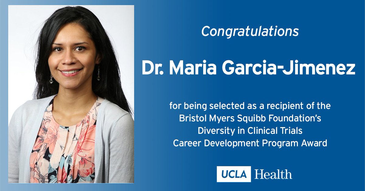 UCLAHealth's tweet photo. Congratulations to #UCLAHealth's @mariagjMD, one of 52 physicians selected for the first class of a program sponsored by @bmsnews and @AACR to increase clinical trial diversity. Currently, nearly 80% of clinical trial participants are white. ➨ https://t.co/nKaRVrfWlD
@UCLAJCCC https://t.co/oUmRl9RsE4